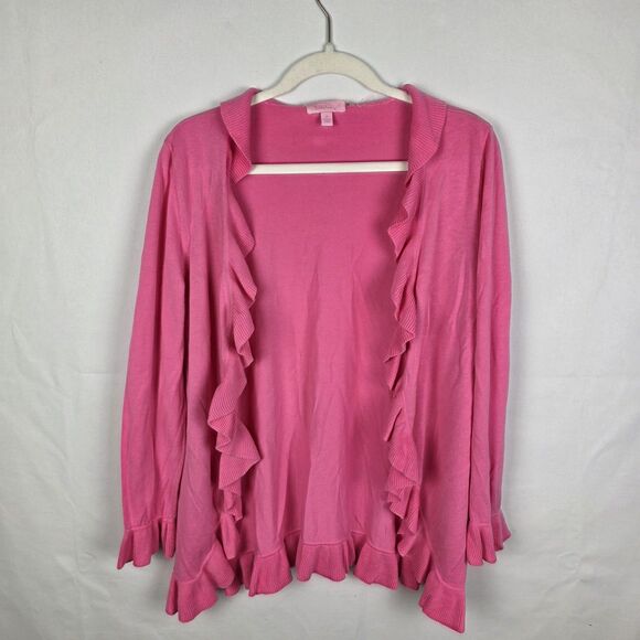 Lilly Pulitzer Pink Ruffle Cascading Kiernan Cardigan Sweater Size Medium Barbie - Picture 1 of 8